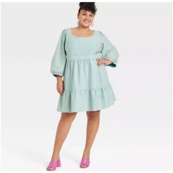 Ava & Viv Tiered Dress Tie Back Balloon Sleeve A Line Acid Wash Green Size 1X - Picture 4 of 14